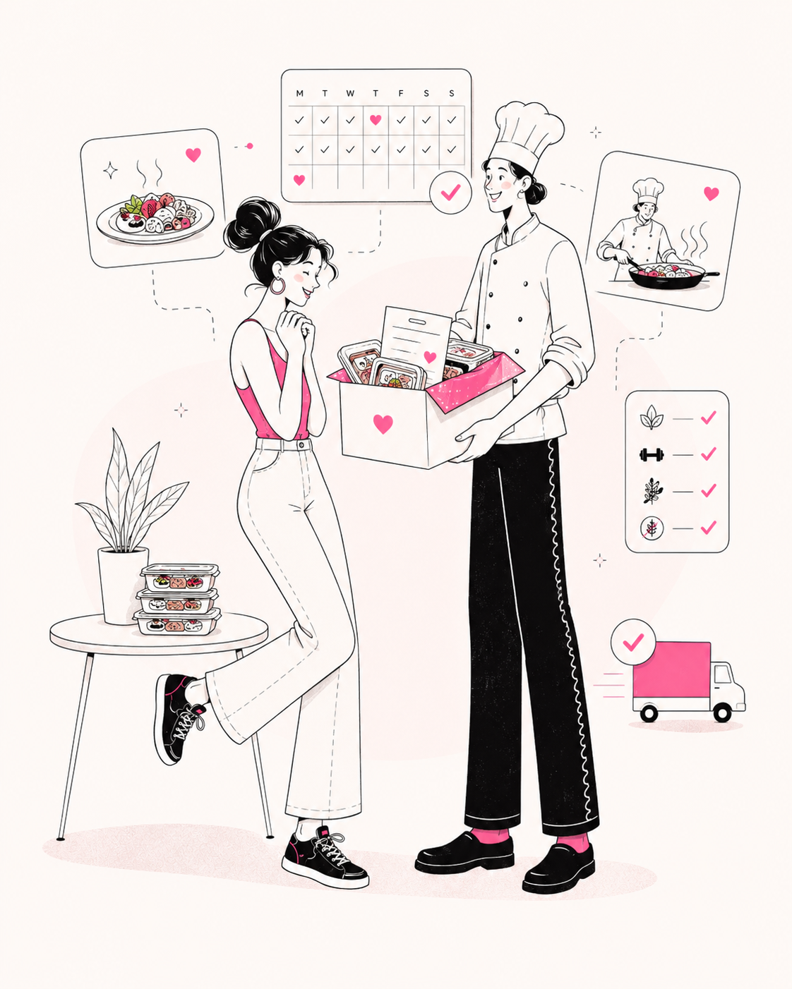 Illustration of a chef handing over a Flayvr meal plan delivery box